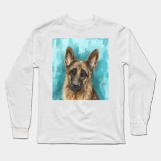 Painting of a German Shepherd on Bright Blue Background Long Sleeve T-Shirt